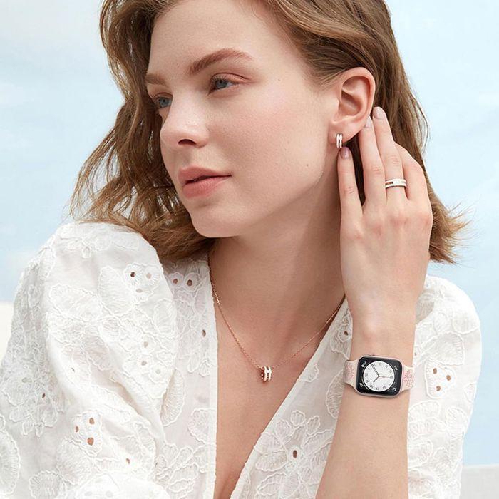 Bransoletka do Apple Watch Series Ultra 2/3, 11, 10, 9 8 SE 7 6 5 4 3 2 1 42mm-44mm-45mm-46mm-49mm Silikonowa Wzór Kwiatowy Beżowy Różowy