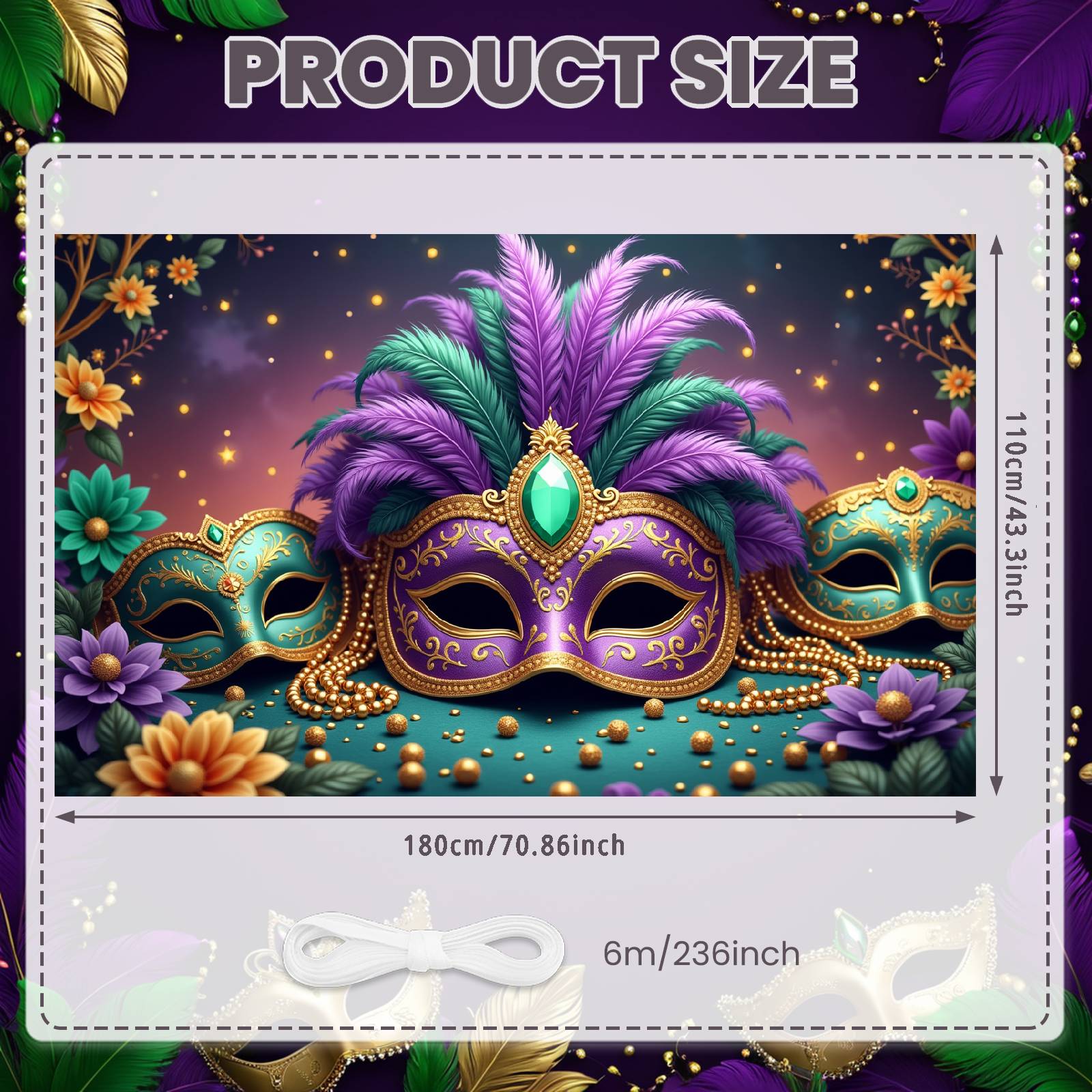 Feather Mask Background Festive Purple Green Gold Banner Festive Backdrop Green Bead Mardi Gras Backdrop For Carnival Parade