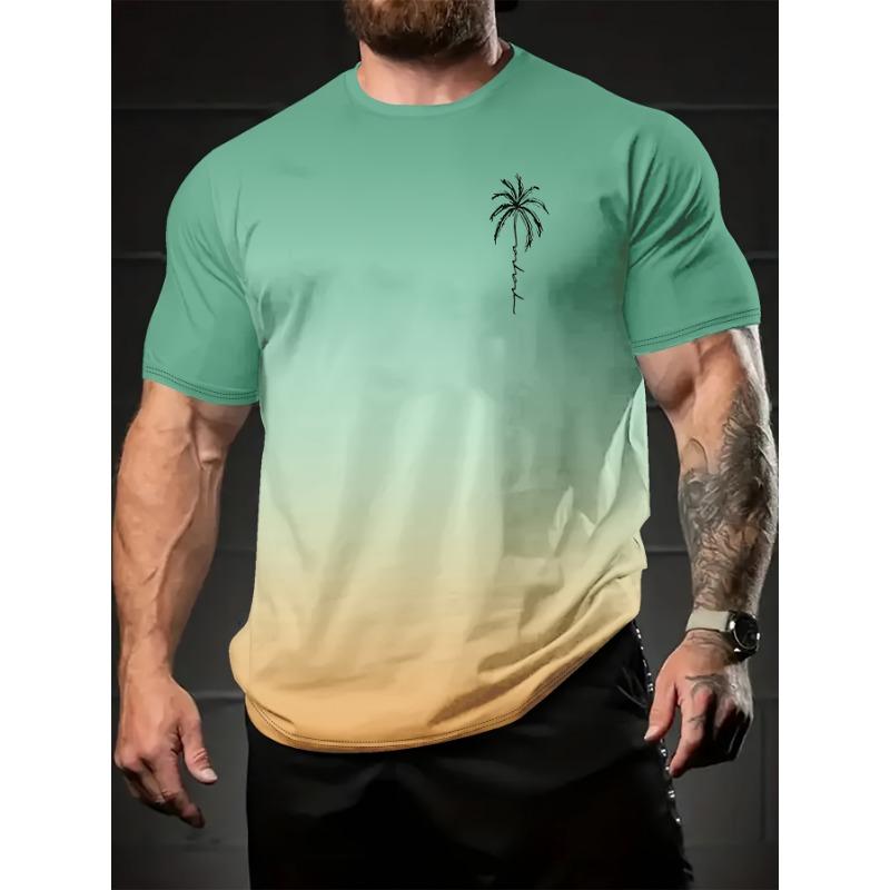 Men's Summer Palm Tree Gradient T-shirt - Fashionable Casual Short Sleeve Round Neck Top