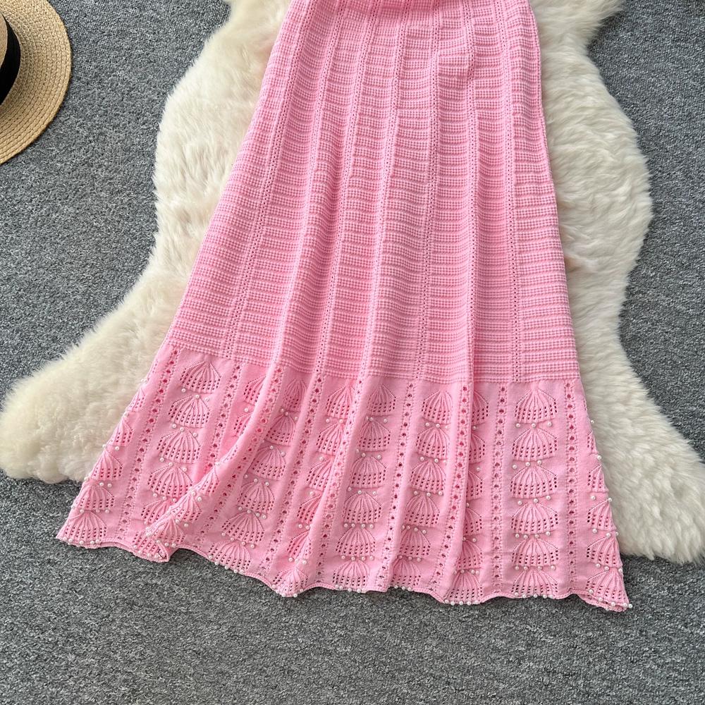 Spring Summer Women Casual Short Sleeve Beading Hollow Out Knitted Sweater Long Maxi Dresses
