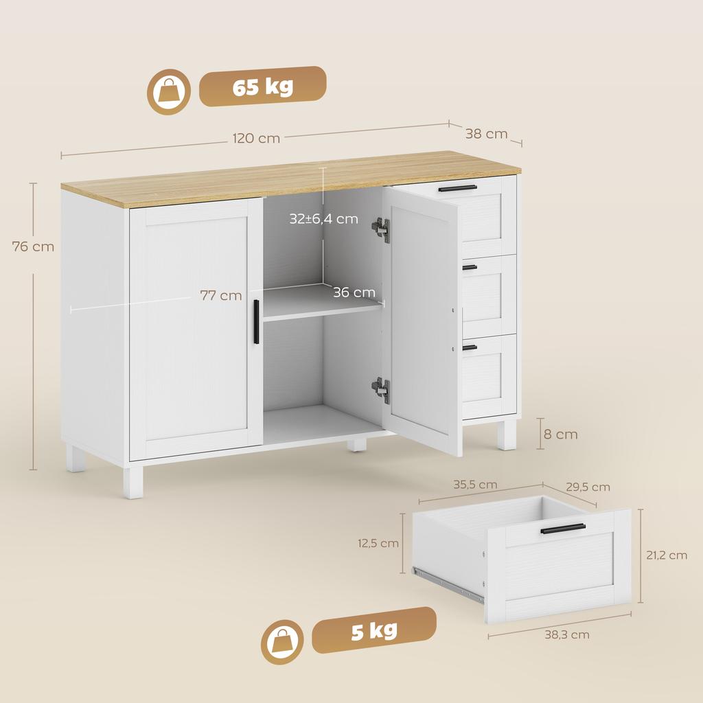 Sideboard soft-close doors, 3 drawers 120 x 38 x 76 cm White