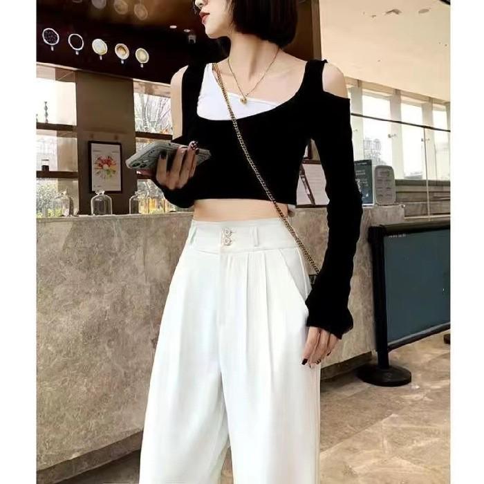 Women's Double Breasted Solid Color Suit Pants High Waisted Draped Slim Fit Wide Leg Pants
