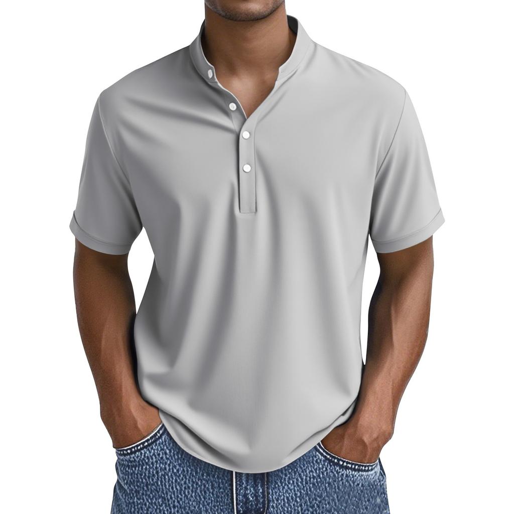 Men's Summer Solid Color Button Collar Short Sleeve Tops Men's Casual Loose Fashion Tops