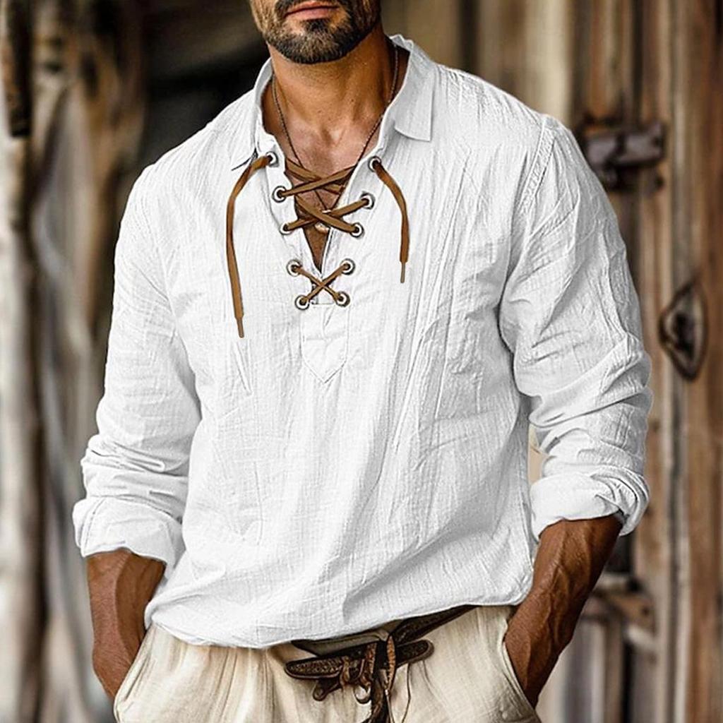 Neues Herren Übergröße V-Ausschnitt Leinenhemd - Einfarbig, Locker, Langärmlig, Grenzüberschreitender europäischer & amerikanischer Stil mit Kentkragen.