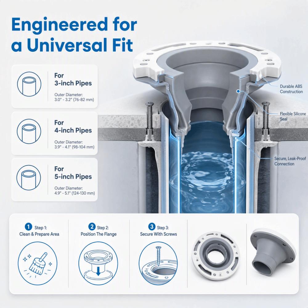 For 4in 5in 3in Pipe Toilet Flange ABS Silicone Material Toilet Flange Kit  Waste Pipe Connection