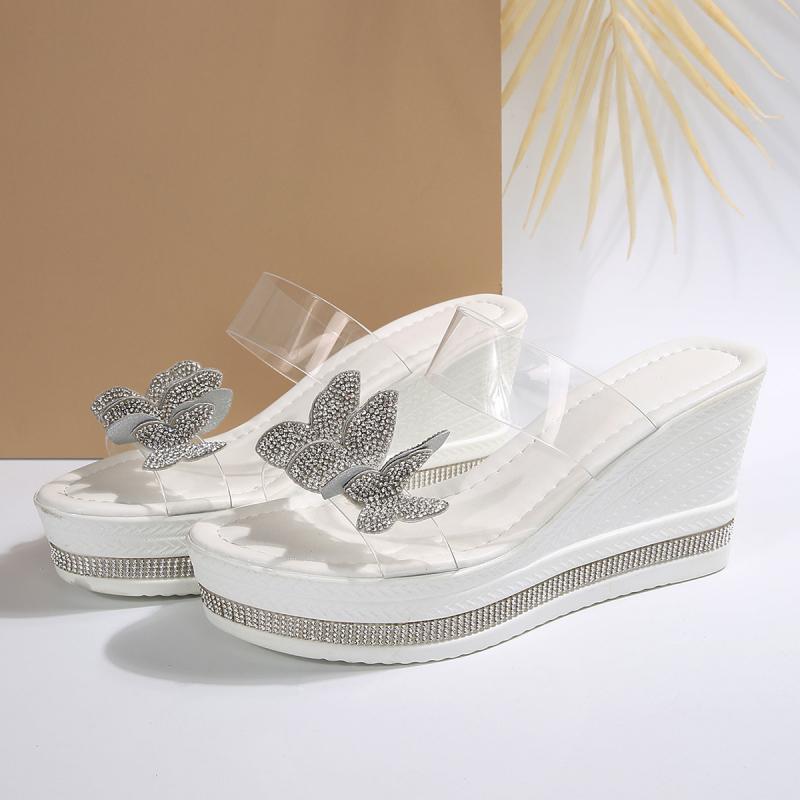 Luxury Silver Glitter Bowknot Slides Transparent Pvc Strap Chunky Platform Wedge Heels Slippers Sexy Party Dress Sandals Size 43