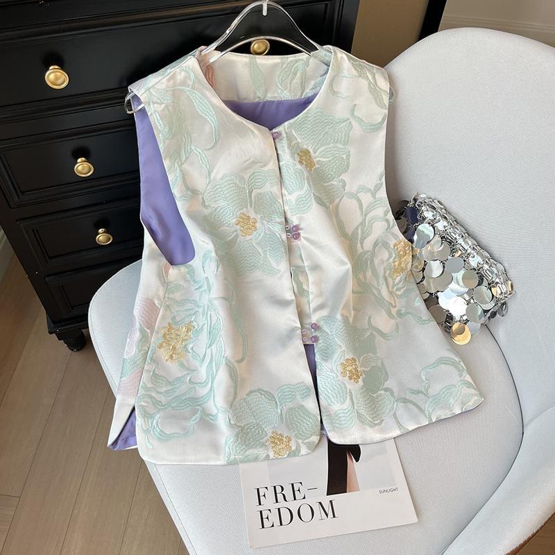 

New flower embroidered round neck vest women s thin temperament versatile vest top 3XL ([Recommended 138-75kg])
