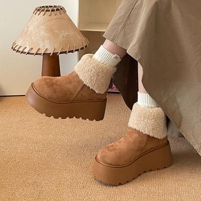 Thick-soled Heightening Snow Boots Women's  Winter Plush Warm Fluffy Short Boots Fashionable Ugly Cute Big-headed Cotton Shoes