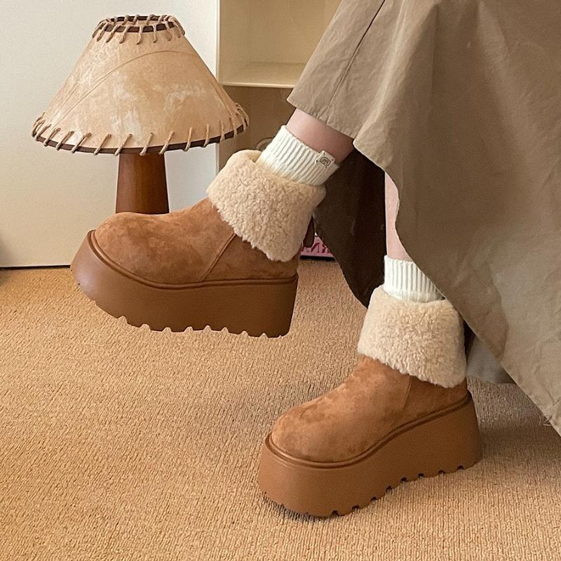 Thick-soled Heightening Snow Boots Women's  Winter Plush Warm Fluffy Short Boots Fashionable Ugly Cute Big-headed Cotton Shoes