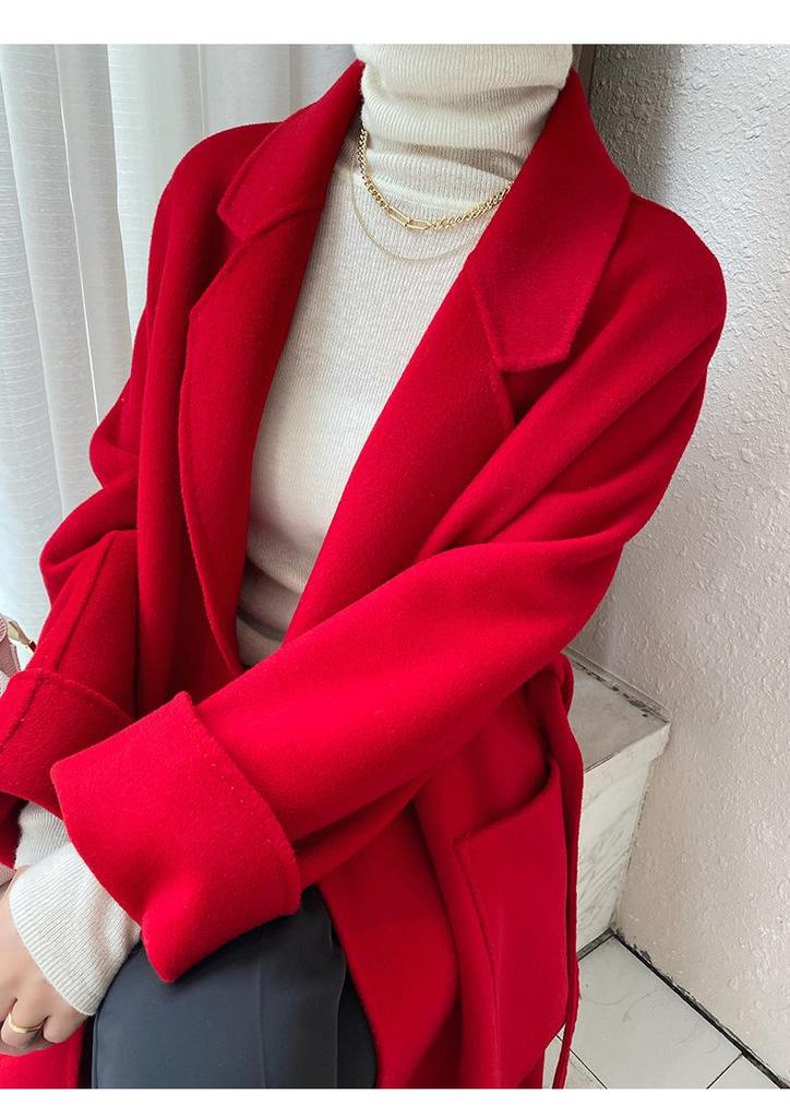 Double-Sided Cashmere Wool Coat: Women's Korean-Style Loose Hepburn Jacket with Suit Collar in Green.