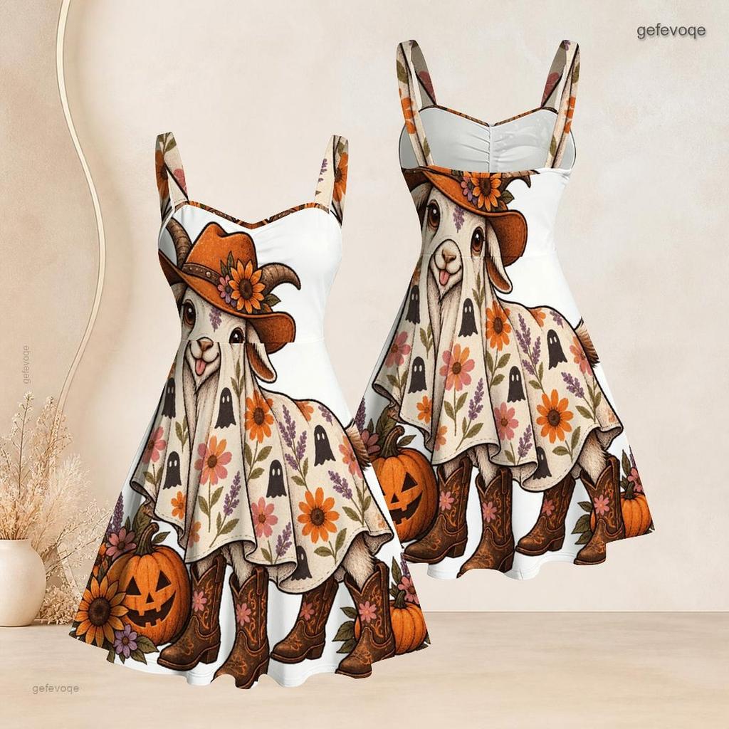 Women Plus Size Sleeveless Strappy Square Neck Halloween Western Pumpkin Printed White Flare Dress