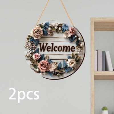 Lot de 2 panneaux de bienvenue floraux 2D pour porte d'entrée, plaque ronde en bois pour chambre à coucher ou maison de ferme