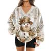 Women's Fashionable V-neck Christmas Printed Long Sleeved Casual Pullover Plush Warm Sweatshirt Top