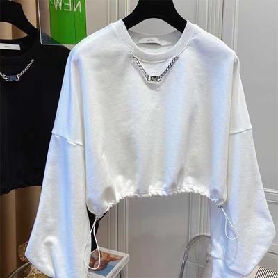 Sweatshirt Damen, kurzes, dünnes Oberteil, lockerer Kordelzug, Rundhalsausschnitt