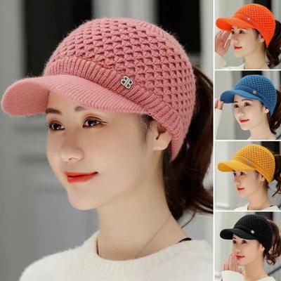Gestrickte Mütze Leere Oberseite Plüschfutter Lässig Schirmmütze Dehnbar Warmhalten Einfarbig Herbst Winter Damen Sportmütze für Outdoor