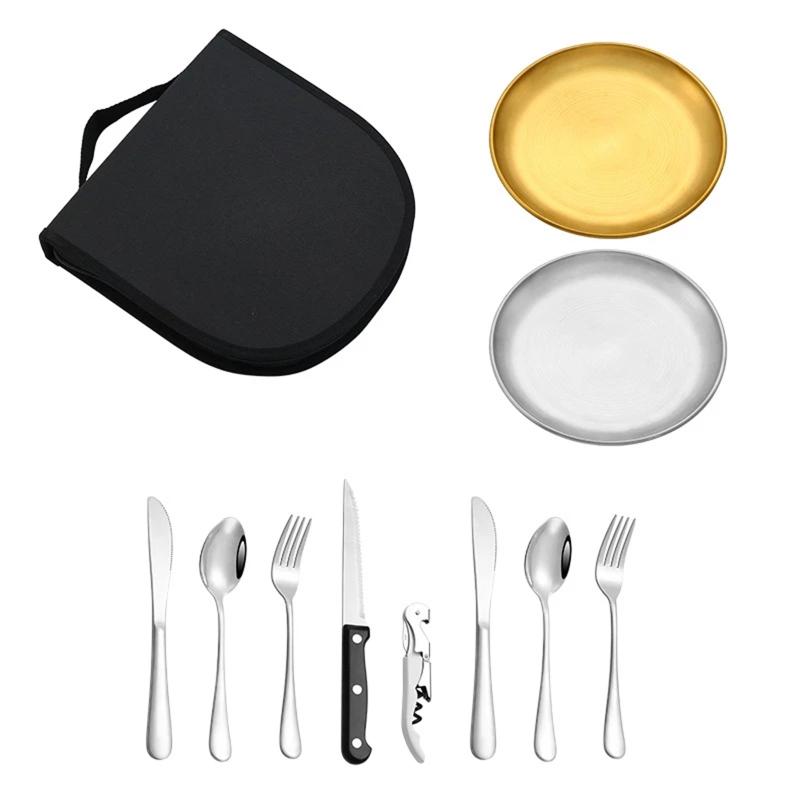 Reise-Edelstahl-Besteck Utensil Tragbares Silberbesteck-Set Camping-Geschirr mit Aufbewahrungstasche für Picknick im Freien