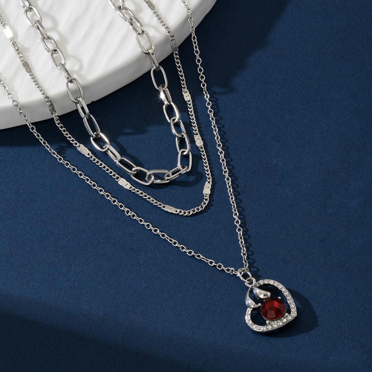 

Multi-layer necklace, love hollow inlaid with ruby temperament, high-end autumn and winter layered sweater chain, hot sale
