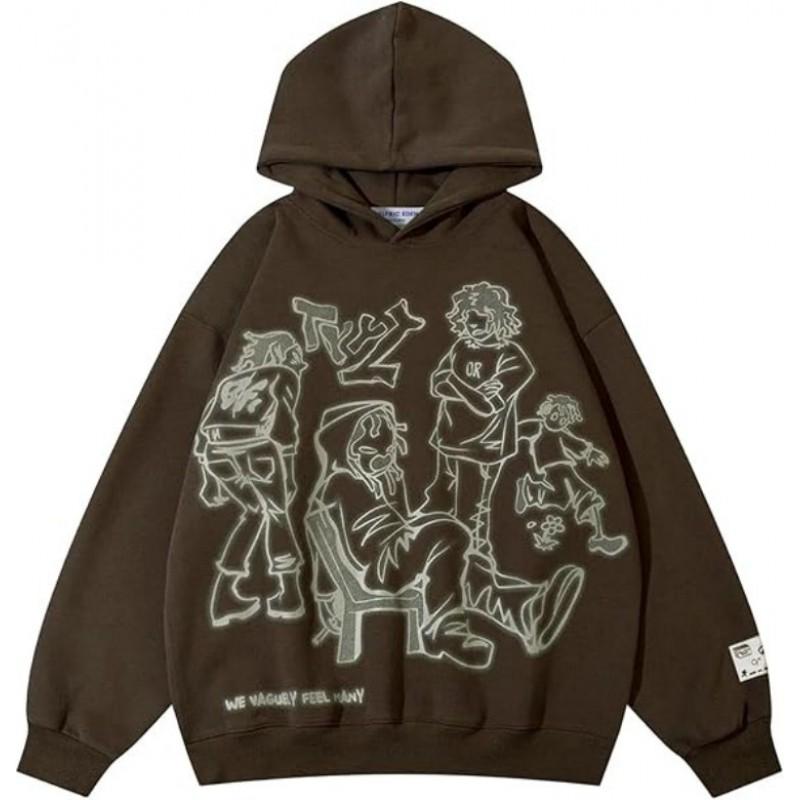 Oversized Hooded Sweatshirt Men Women Streetwear Loose Fit Graphic Print Long Sleeve Pullover Casual Jacket