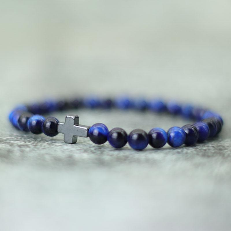 

Минималистичный мужской браслет с крестом 6 мм из натурального камня тигровый глаз, подарок для него, аксессуары для кемпинга, bileklik erkek, pulseira M 19.5cm 7.7Inch