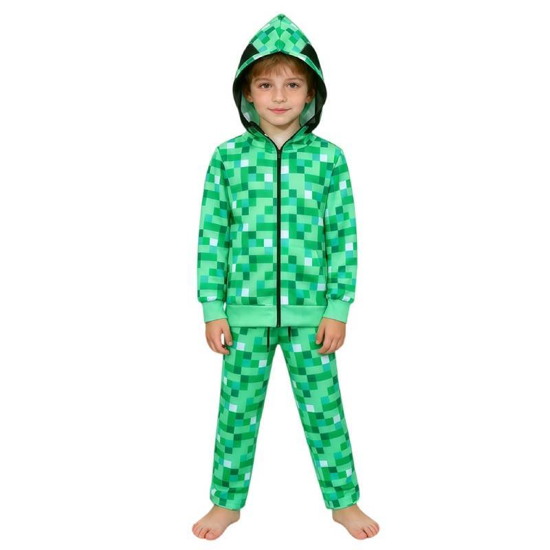 Minecraft Creeper Kids Hoodie And Pants Set With Polyester Fabric For Cosplay And Casual Wear