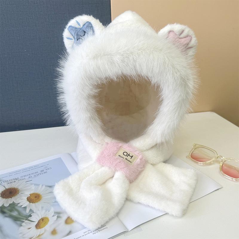 Embroidered bear hat scarf integrated schoolgirl cute warm winter plush scarf cover ear protection