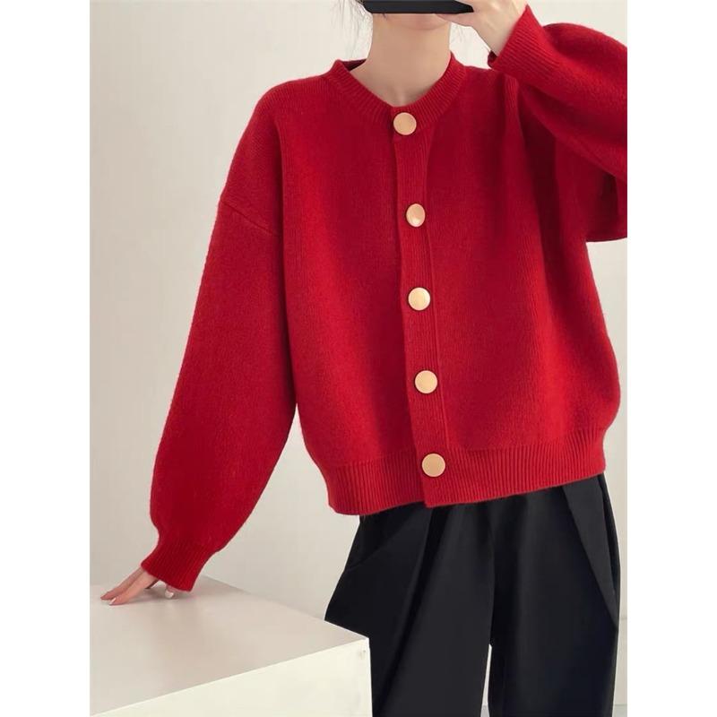 Spring and Autumn New Crew Neck Lazy Wind Single-breasted Solid Color Casual Knitted Cardigan Sweater Women's Jacket