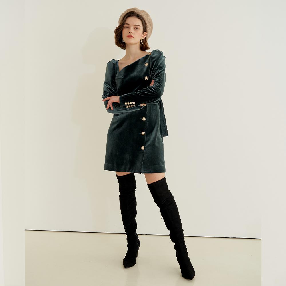 Dear Ryu Velvet Diamond Neck Dress #Deepgreen
