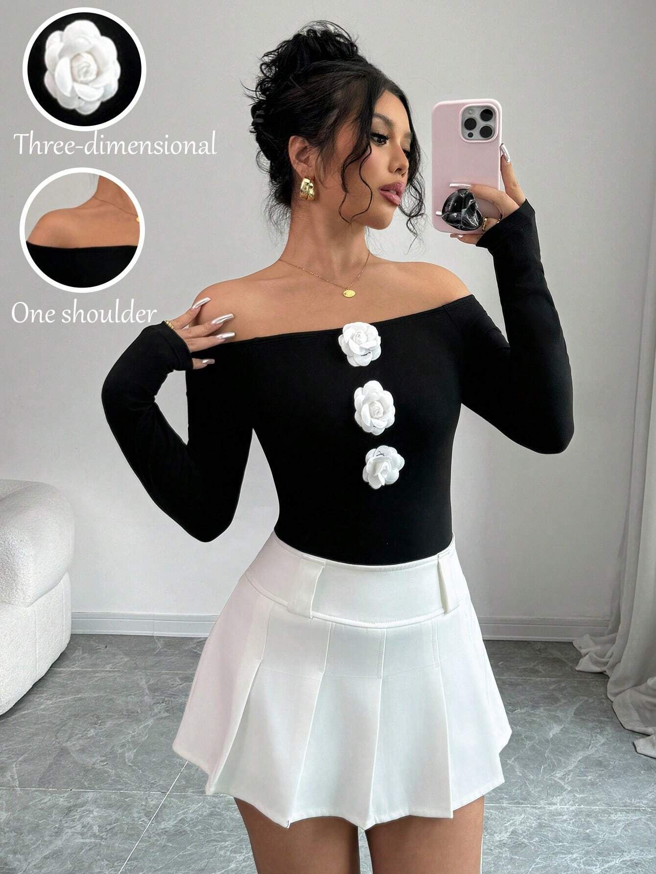 Autumn Winter Women s 3D Floral Off Shoulder Off The Shoulder Slim Long Sleeve T Shirt Top Women Fashion Casual Slim Fit Ladies Elegant Top S чёрный