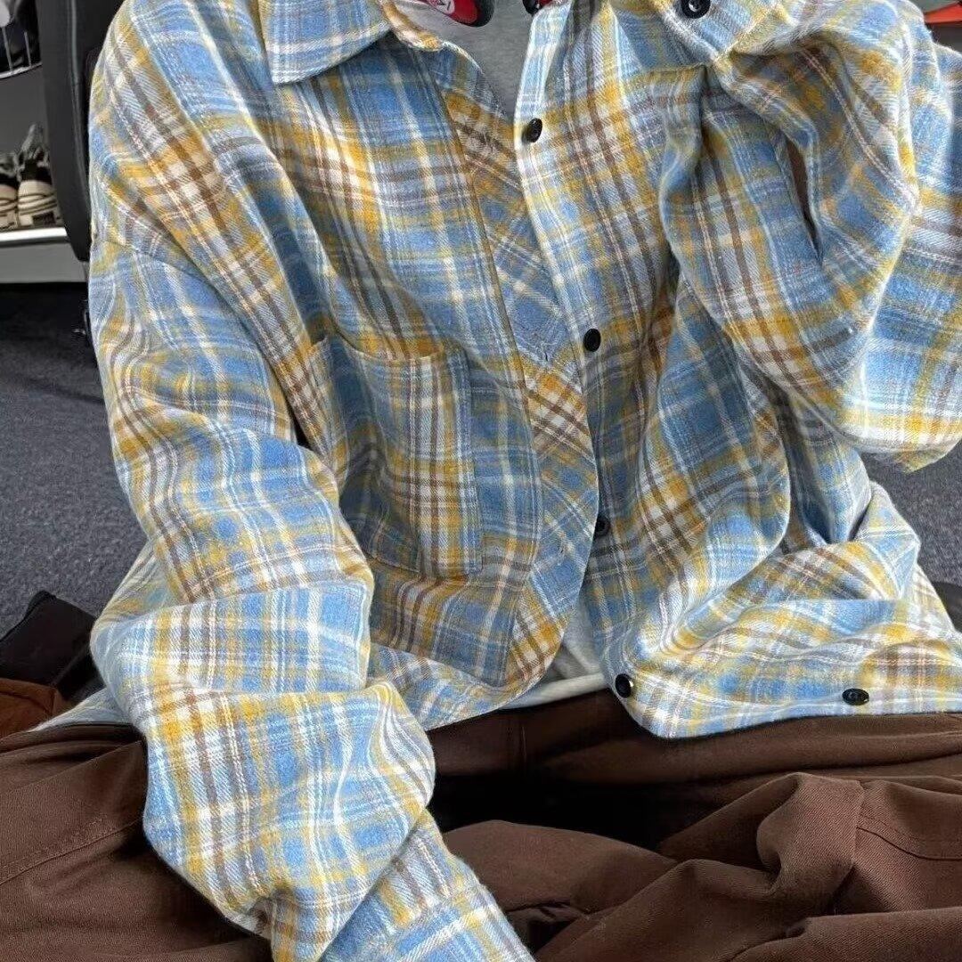 

Ретро рубашка для мужчин, носящих весной и осенью, клетчатая рубашка для мужчин, носящих, рубашка для подростков 4XL жёлтый