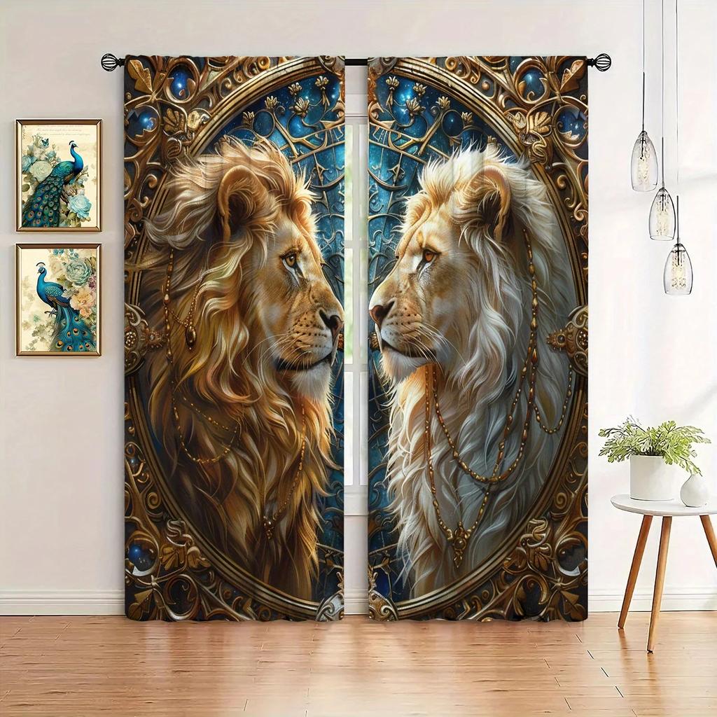2 Stück Löwenbrüder bedruckter Vorhang für Heimdekoration - Stangentaschen-Fensterbehandlung für Schlafzimmer, Büro, Küche, Wohnzimmer und Arbeitszimmer