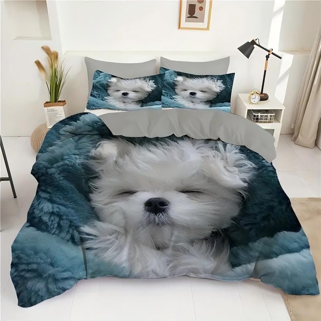 Comforter Cute White Dog 3D Print Bedding Set For Kids Teens Adult Animal Theme Soft Comfortable Home Textiles Set