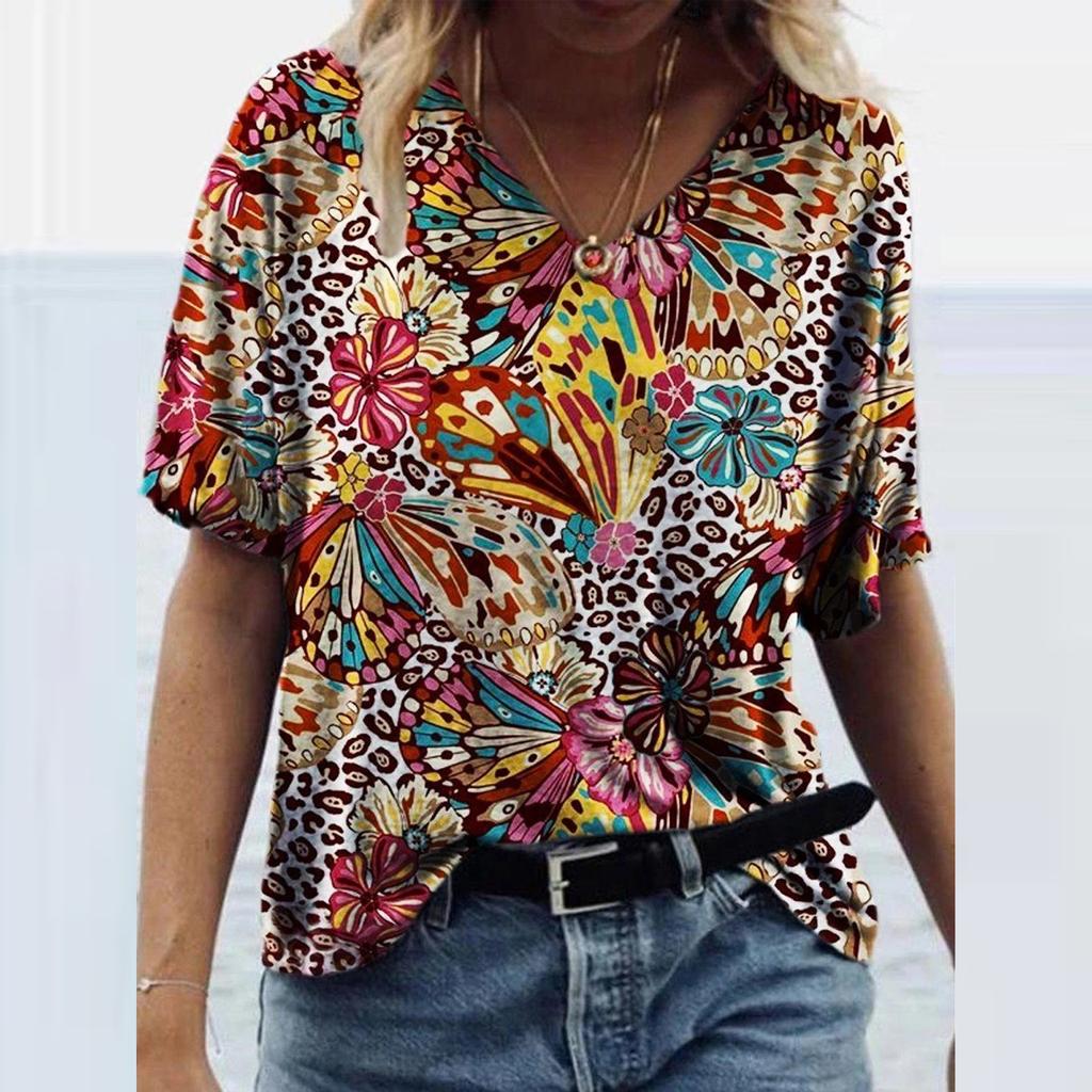 Fashion Women's Summer Printed Short Sleeve Crew-Neck T-Shirt Casual Tee Tops