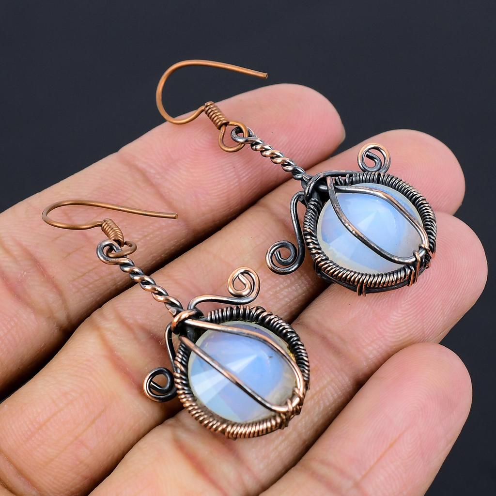 Milky Opal 999 Copper Wire Wrapped Earrings, Handmade Gemstone Earrings Jewelry, Gifts For Wife Brand New Earrings