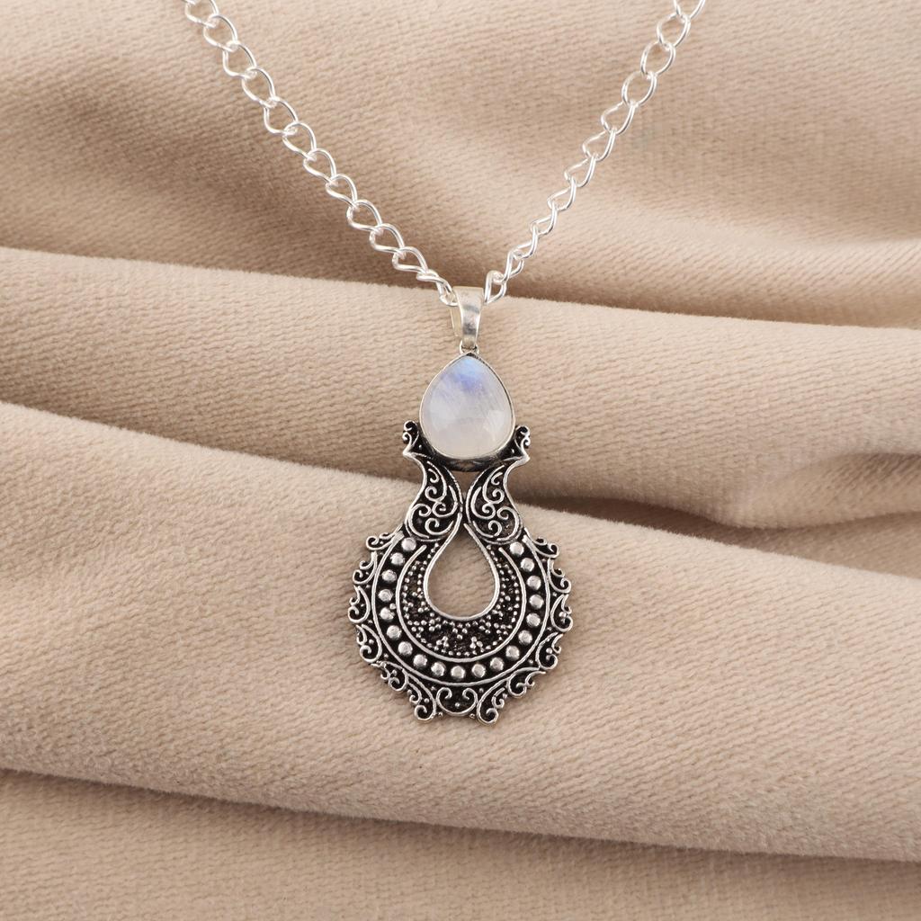 Natural Rainbow Moonstone Gemstone 925 Sterling Silver Oxidize Jewelry Pretty White-Stone Pendant 1.8" For Your Loved Ones CP-45-22