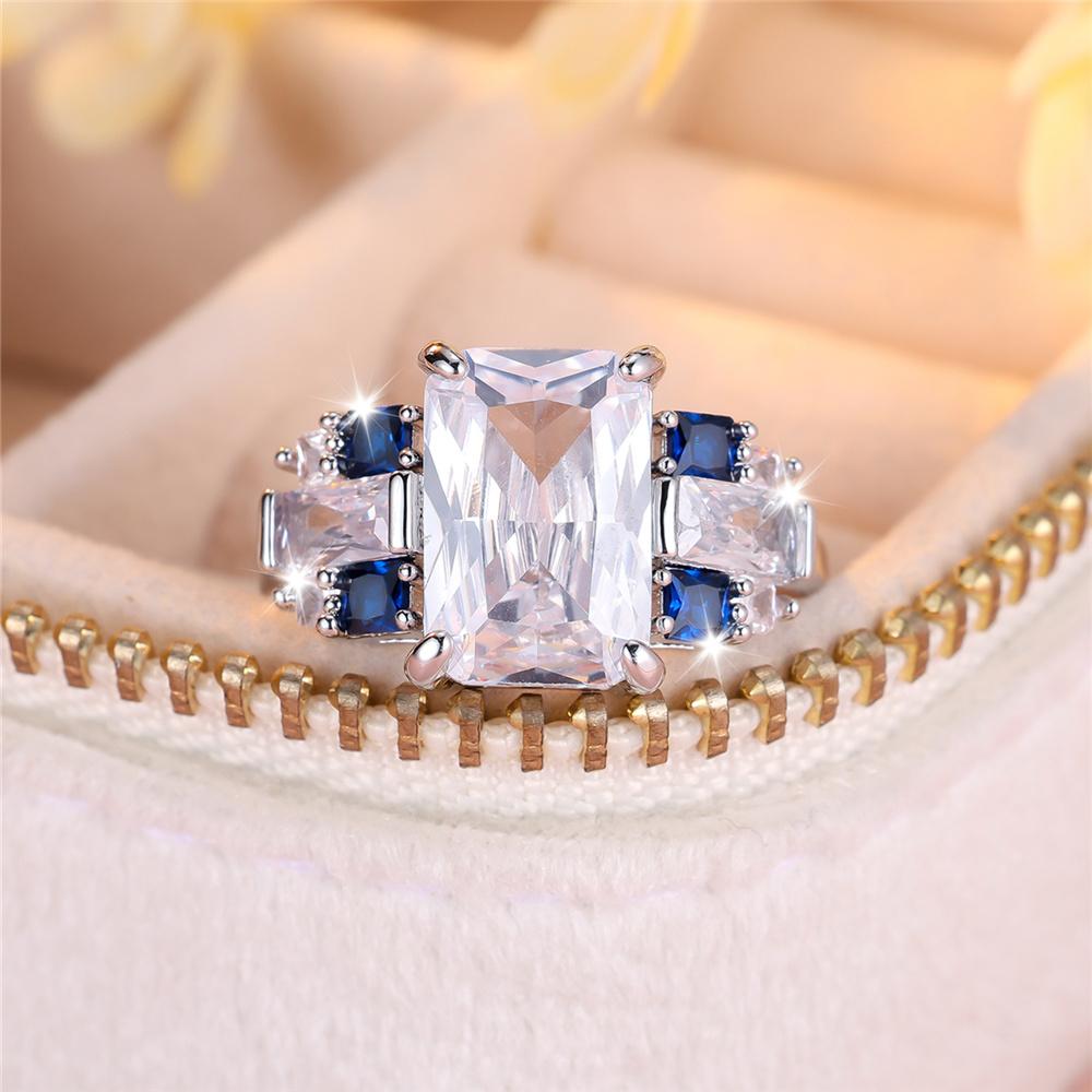 Einzigartiger Damen Weiß Blau Quadratisch Rund Zirkonstein Ring Silberfarben Zierlich Geschenk Party Hochzeit Schmuck Für Frauen