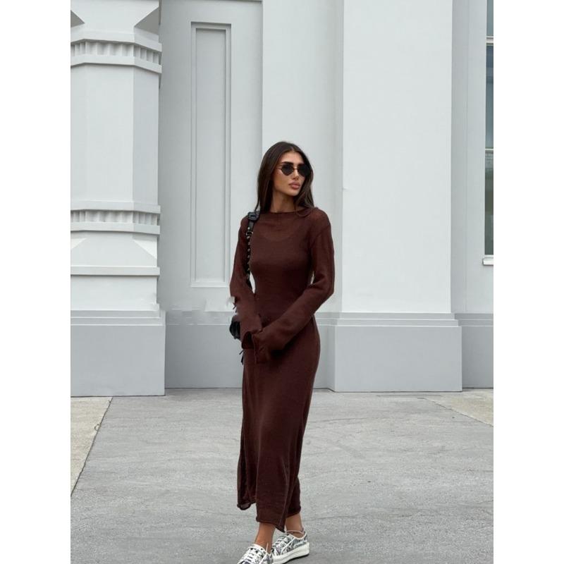 

Женский трикотажный ажурный длинный жилет с юбкой One size кофейный