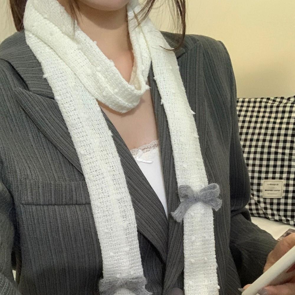 Polka Dot Bow Wool Shawl Y2K Long Narrow Scarves Soft Knitted Scarf  Outdoor