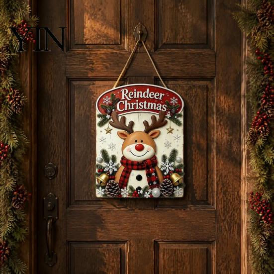 Vintage Style Seasonal Home Accents Christmas Wooden Hanging Sign, Rustic Holiday Wall Decor with Santa Claus Door Hanger Reindeer And Snowman