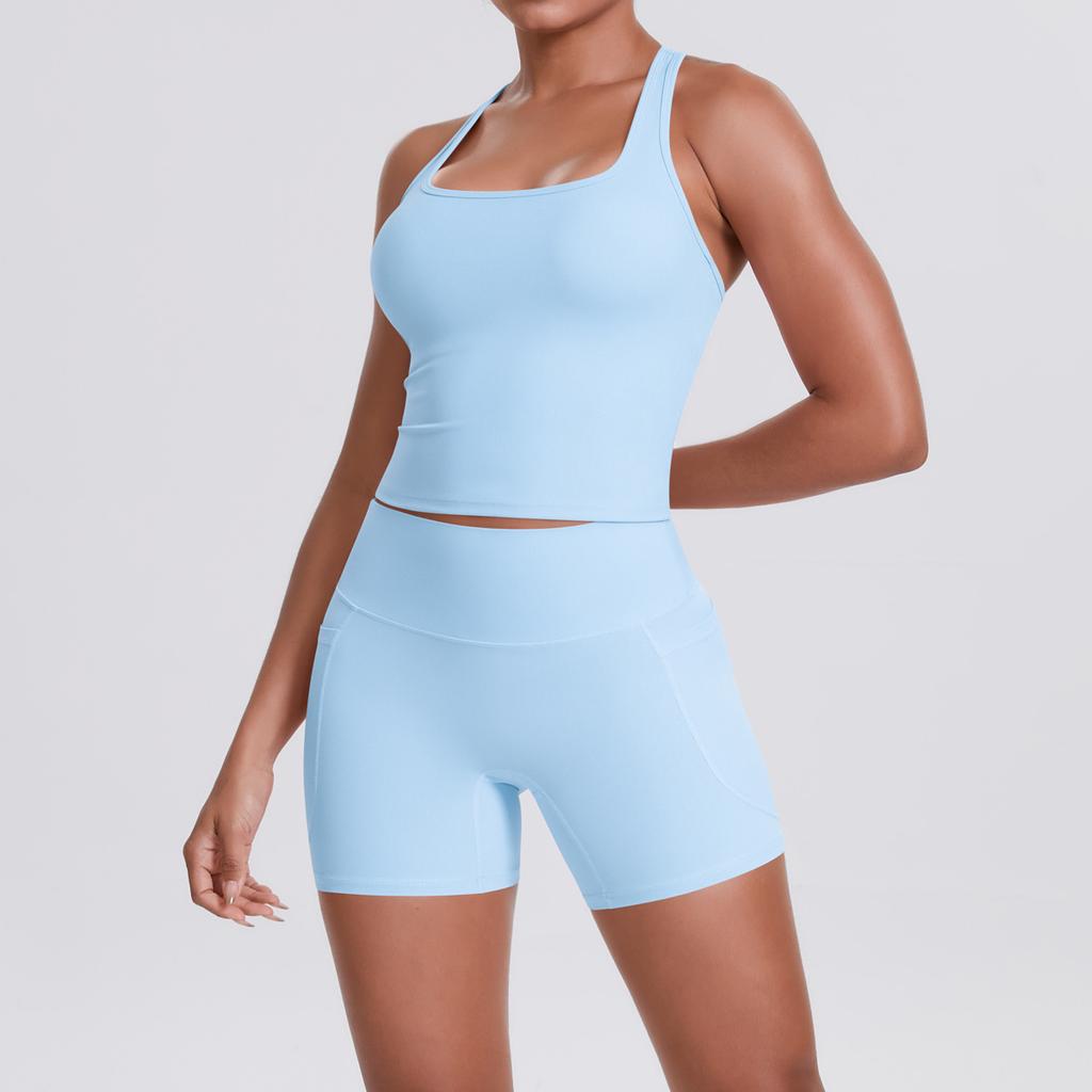 Brushed Solid Color Tight Racer-shaped Back Pocket Shorts Sports Suit Running Fitness Yoga Wear Two-piece Set
