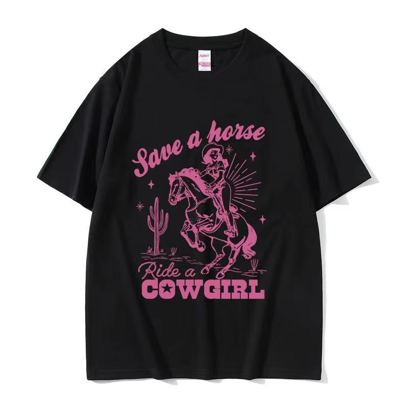 2025 Summe Save A Horse Ride A Cowboy Druck Freizeit Herren Damen Harajuku F100 Reine Baumwolle Bedrucktes Atmungsaktives T-Shirt Y2k