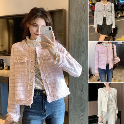 Women Jacket Celebrity Style Short Type Round Neck Long Sleeves Single-breasted Cardigan Ripped