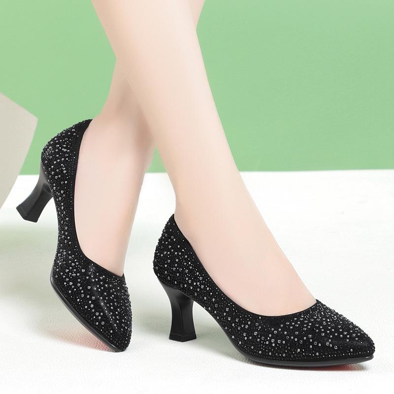 2026 Champagne Sequin & Beaded Leather High Heels: Elegant Wedding & Bridesmaid Shoes for Spring & Autumn 35 чёрный