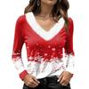 Women's Long Sleeve V-Neck Christmas Top with Collar, Snowflake and Christmas Tree Print