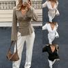 Women V Neck Wrap Fitted Long Sleeve T Shirt With Flared Asymmetric Hem