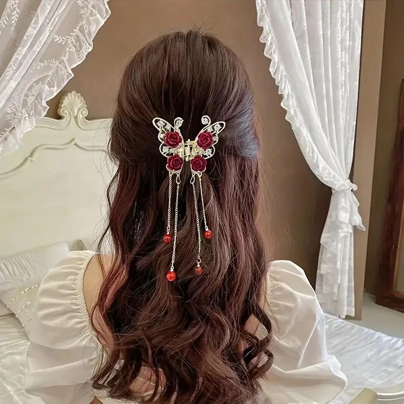 Clips de păr retro roșu catifea trandafir fluture gheară stras lux ciucure accesorii de păr agrafe crab pentru femei accesorii de păr podoabă de cap franțuzească