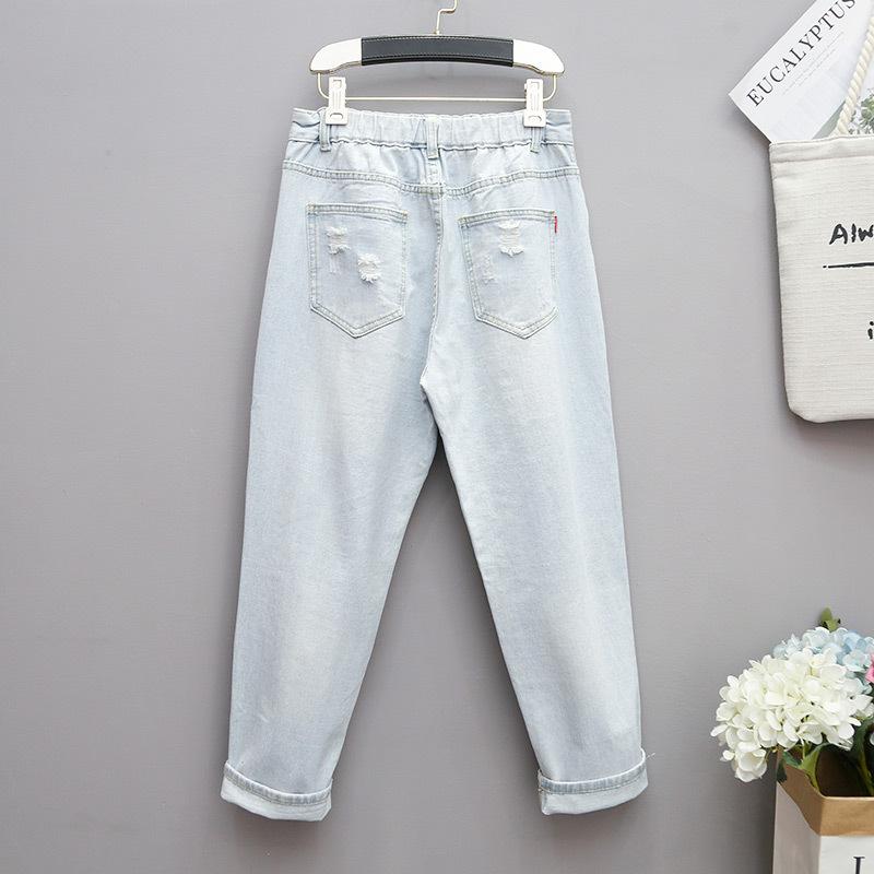 High Waist Loose Women's Denim Jeans Tear Hole Nine Points Summer Thin Autumn Wear Dad Harlan Pants Cotton Polyester Blend