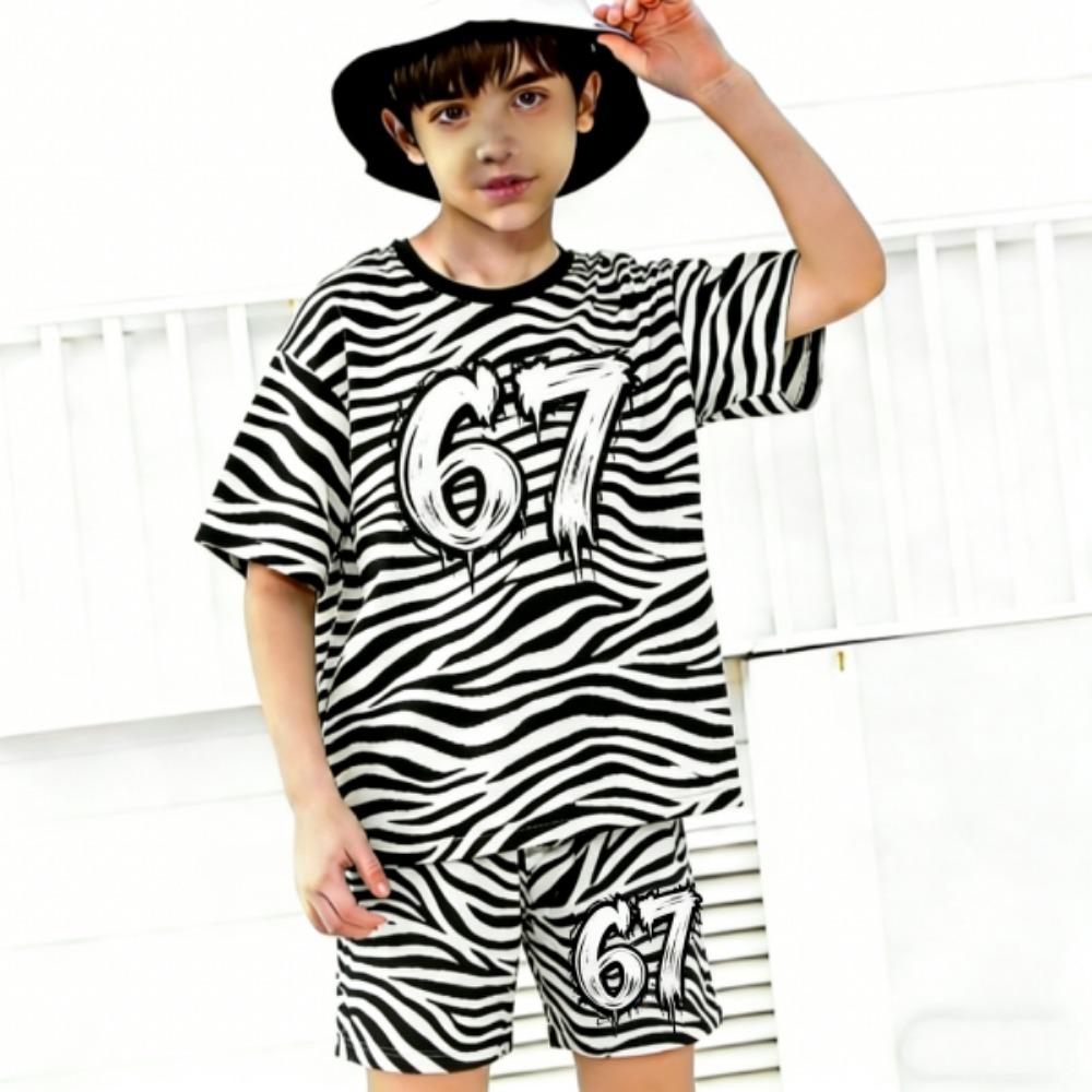 Fashion Number 67 Zebra Colored Printed Men's T-shirt and Shorts 2 Piece Set Summer Casual Outfit for Men's and Women's Clothing Top