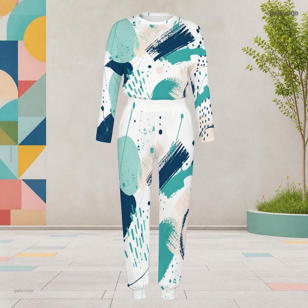 Women Plus Size Blue Beige Round Neck Long Sleeve Tie Dye Printed Two Piece Set Cuffed Tops Pants With Pockets