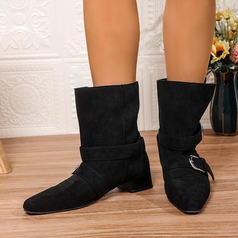 Winter Short Fur-lined Leather Buckle Women's Ankle Boots Large Size Fashionable Pointedtoe Short Boots Elegant Low-heeled Boots