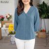 Women Casual V-Neck Solid Color Loose 3/4 Sleeve Blouse